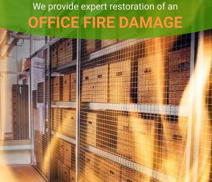 flames in a room with boxes of office documents